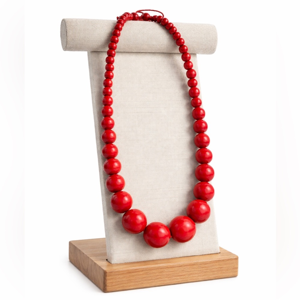 Unbranded Wooden Beaded Necklace Red Graduated Polished Pull String Handmade